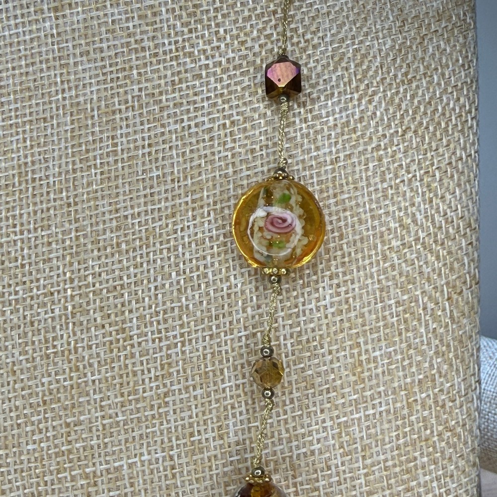 Vintage Bohemian Venetian Lampwork Art Glass Floral Foil Bead Necklace Amber - Picture 4 of 9